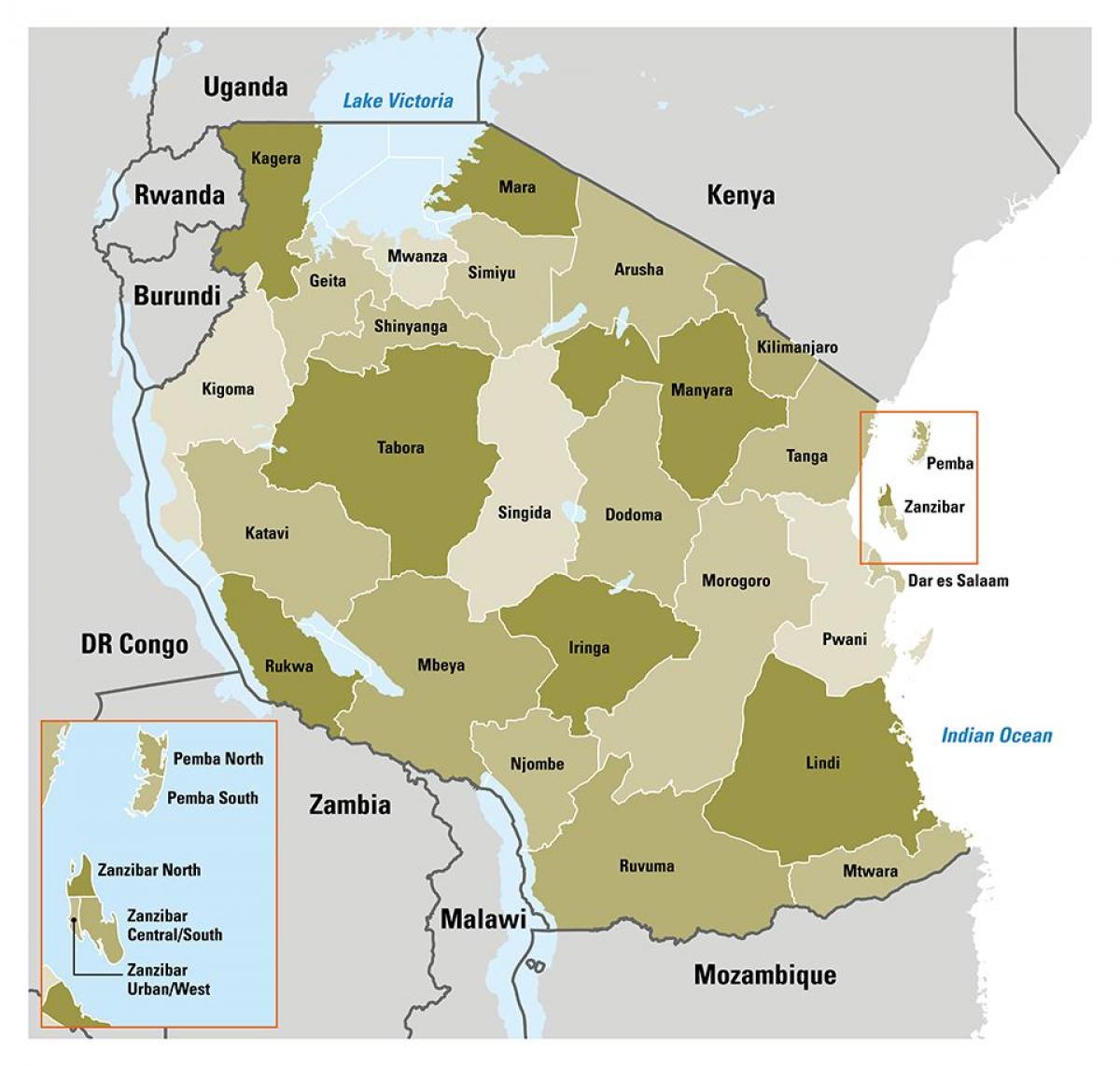 kaart tansaania, mis näitab piirkonnad