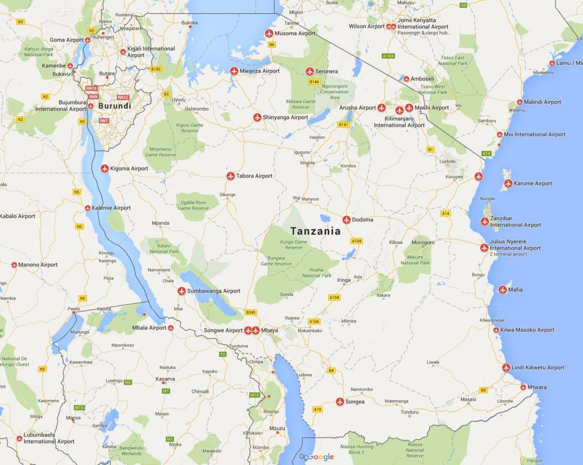 Kaart tansaania lennujaamad 