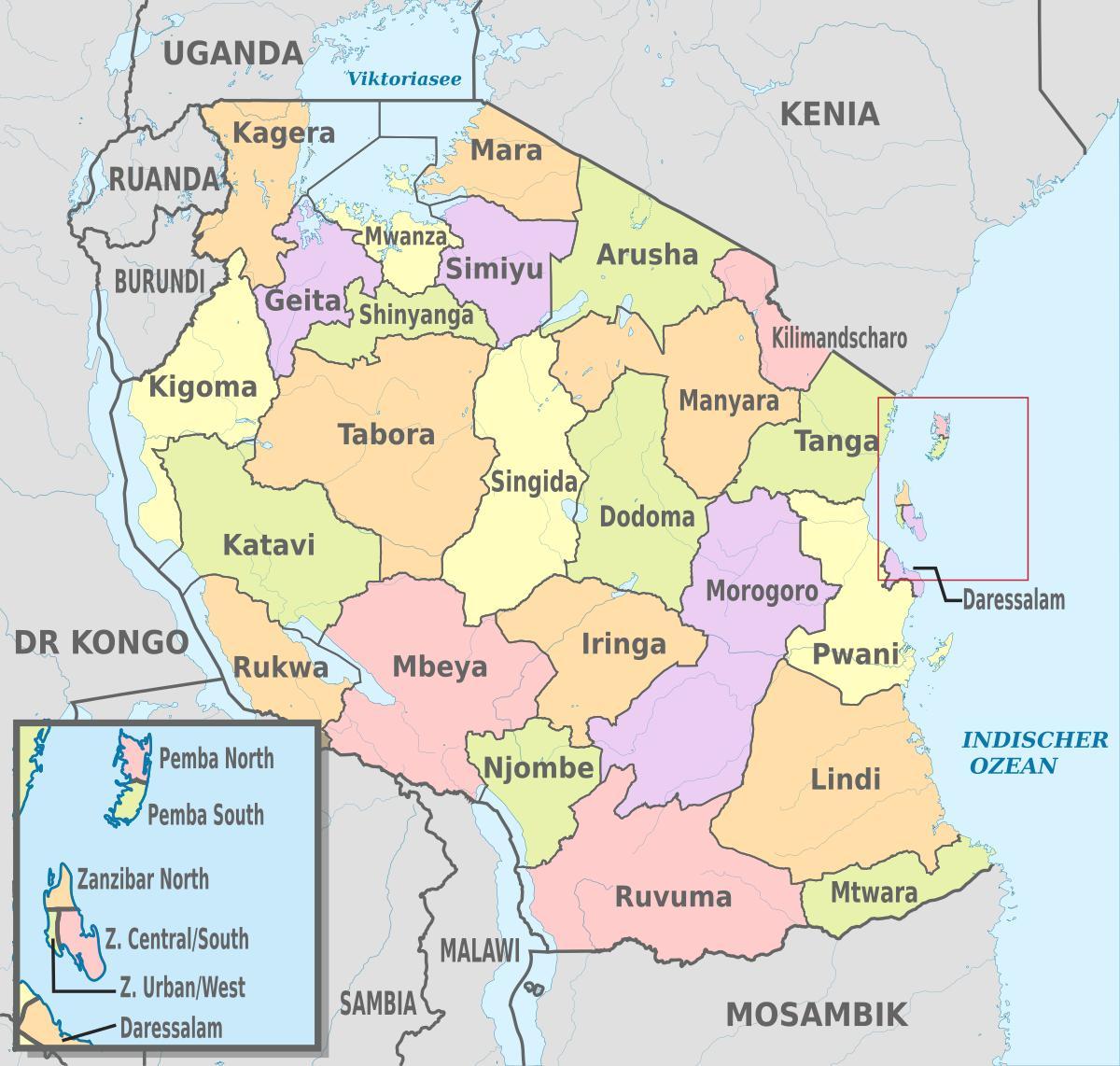 tansaania kaart koos uute piirkondade