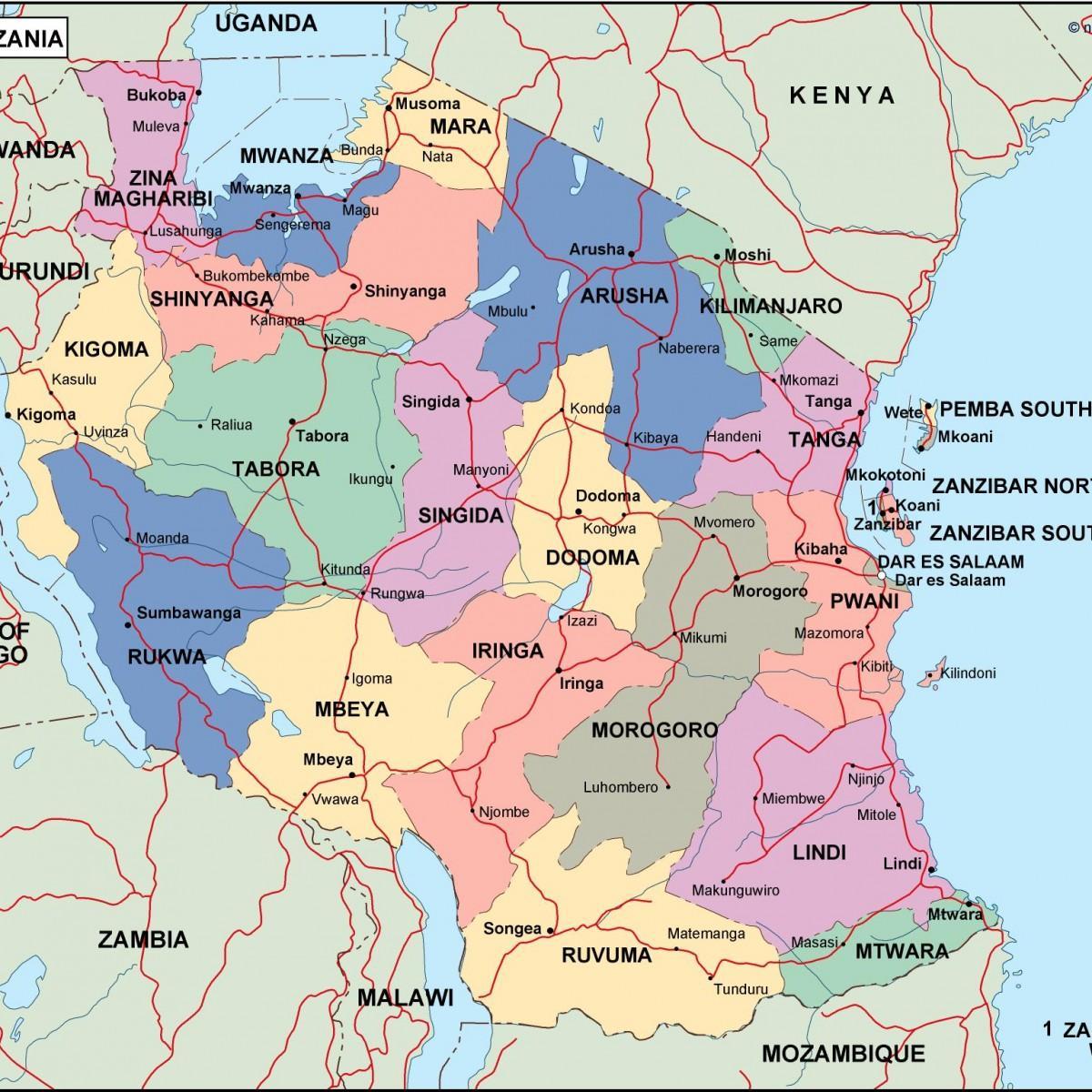 Kaart tansaania poliitilise