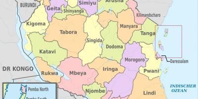 Kaart tansaania, mis näitavad piirkondi ja alasid