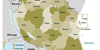 Kaart tansaania, mis näitab piirkonnad