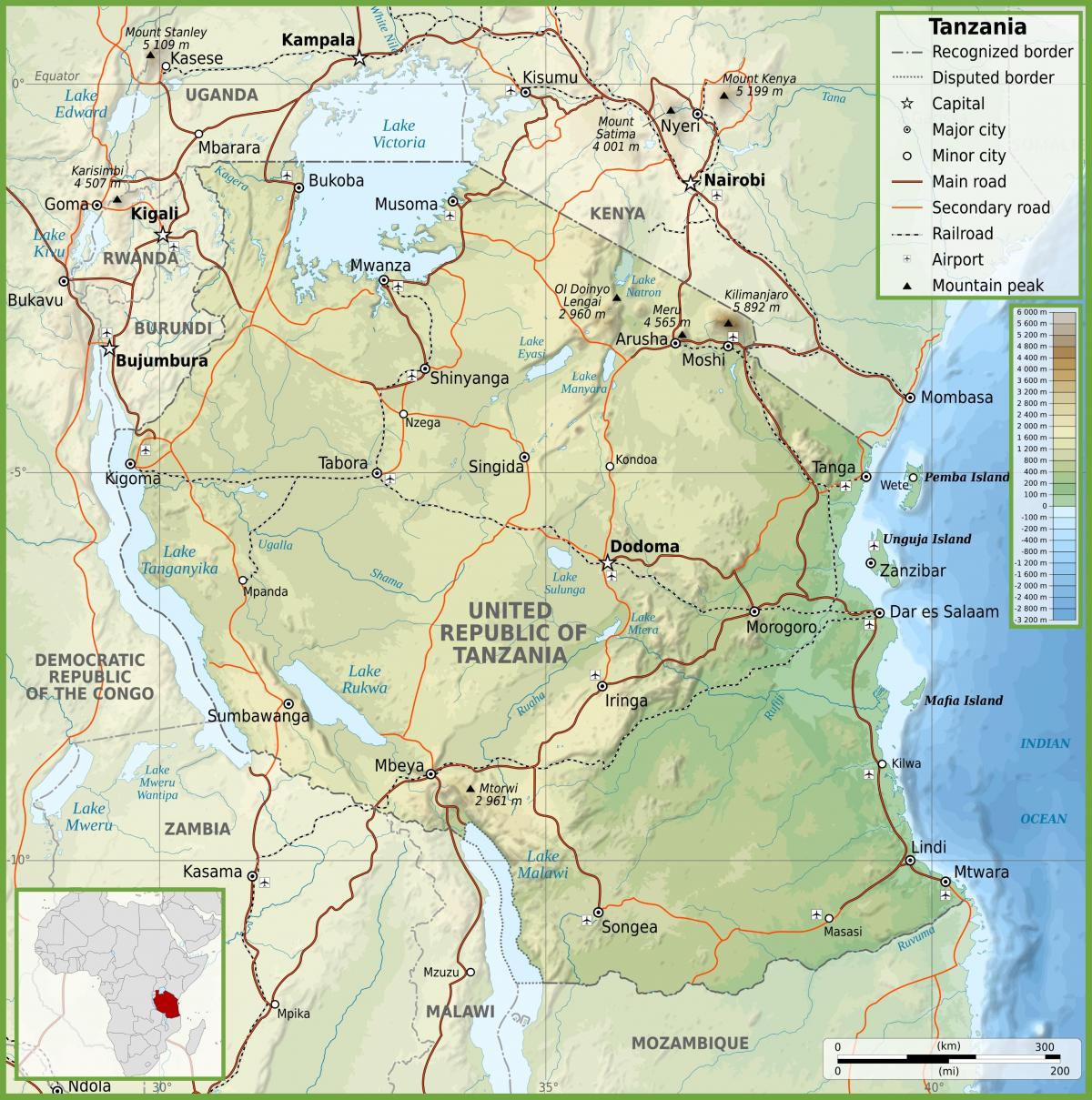 tansaania teedekaart kilomeetrit